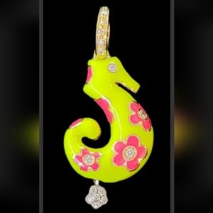 Aaron Basha 18k Gold Diamond Enamel Seahorse Pendant Charm-Estate Jewelry 7.2g